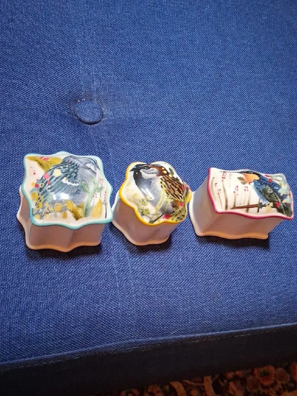 Hand-Painted Cream Ceramic Bird Trinket Boxes - Set of 3